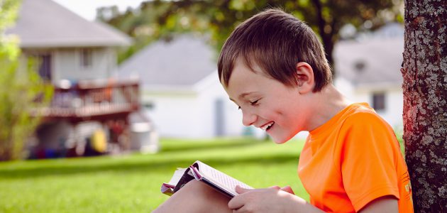 Handsome boy reading a book on a lawn near house