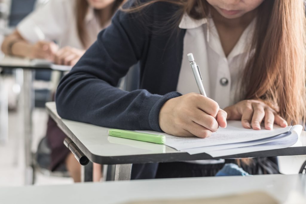 Girl in blue sweater and button down shirt doing homework