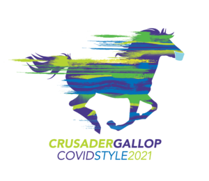 Crusader Gallop COVID Style 2021 green, blue, yellow, and purple horse