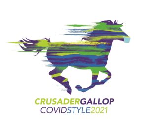 Crusader Gallop COVID Style 2021 green, blue, yellow, and purple horse