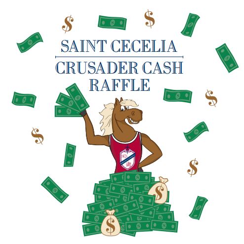 St. Cecelia crusader cash raffle poster of a brown horse with a gold main in a red jersey on a pile of green cash