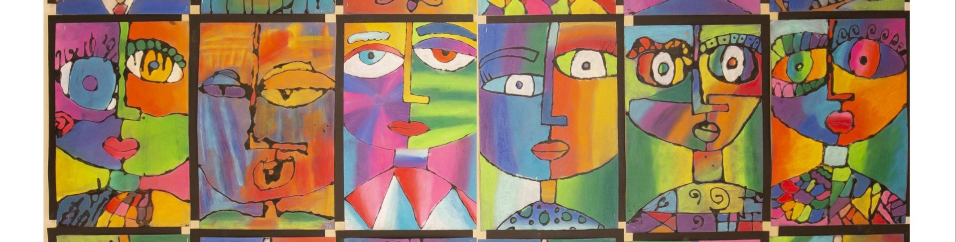 image of various modern are faces in different colors and shapes all patterned into squares on a multicolored art background